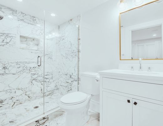 Bathroom, Glass Shower, Interior, Marble, Marble Walls, Recessed Lighting