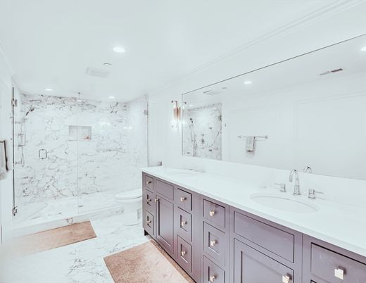 Bathroom, Dual Sink Vanities, Glass Shower, Interior, Marble, Marble Walls, Recessed Lighting