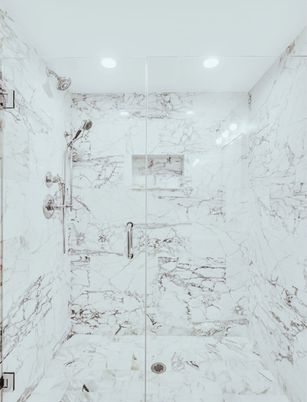 Bathroom, Glass Shower, Interior, Marble, Marble Walls, Recessed Lighting