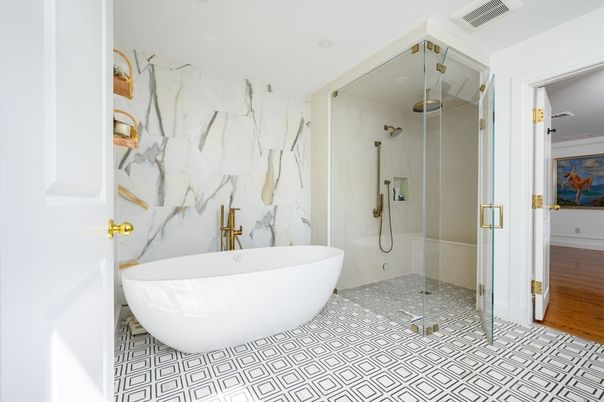 Bathroom, Free Standing Baths, Glass Shower, Interior, Marble Walls, Wood Texture Flooring