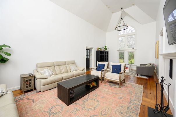Fireplace, Interior, Living room, Pendant Lights, Wood Texture Flooring