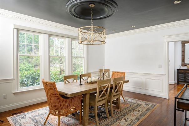 Dining room, Interior, Pendant Lights, Recessed Lighting, Wood Texture Flooring
