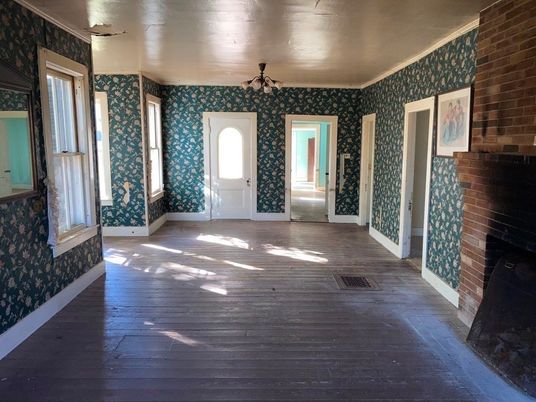 Empty room, Fireplace, Interior, Stone Walls, Wood Texture Flooring