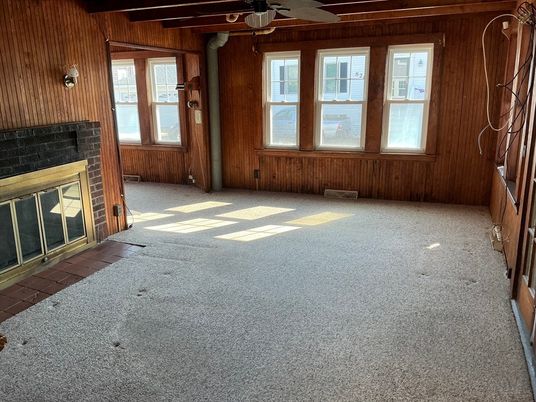 Empty room, Fireplace, Interior, Wooden Beams, Wooden Walls