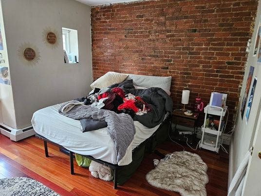 Bedroom, Interior, Stone Walls, Wood Texture Flooring