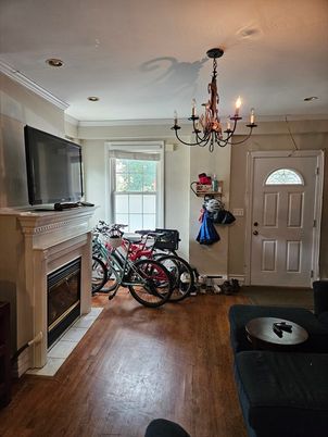 Chandelier, Fireplace, Interior, Recessed Lighting, Wood Texture Flooring