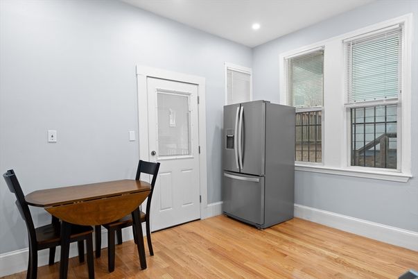 Dining room, Interior, Kitchen, Recessed Lighting, Wood Texture Flooring