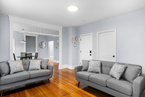Dining room, Interior, Living room, Pendant Lights, Recessed Lighting, Wood Texture Flooring
