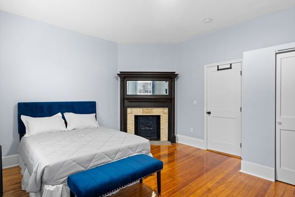 Bedroom, Fireplace, Interior, Wood Texture Flooring
