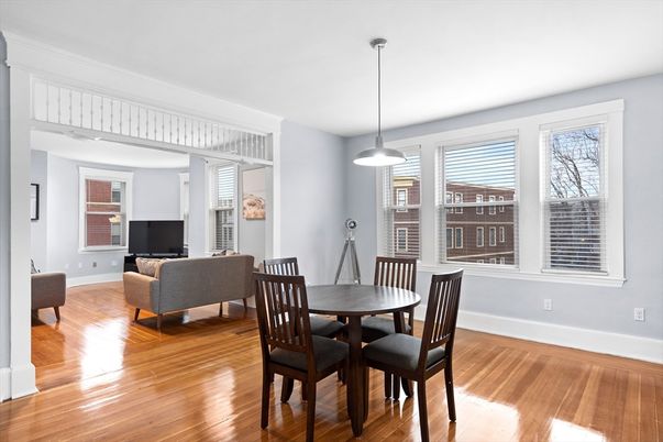Dining room, Interior, Living room, Pendant Lights, Wood Texture Flooring