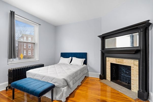 Bedroom, Fireplace, Interior, Wood Texture Flooring