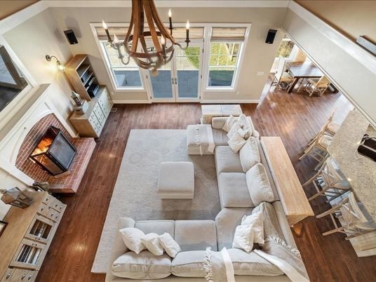 Chandelier, Fireplace, Interior, Living room, Wood Texture Flooring