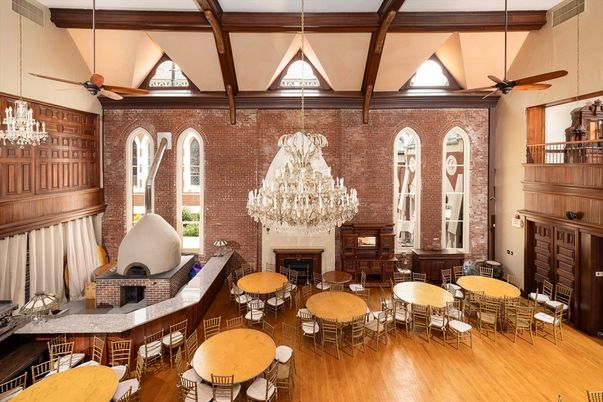 Chandelier, Dining room, Fireplace, Interior, Stone Walls, Wooden Beams, Wood Texture Flooring