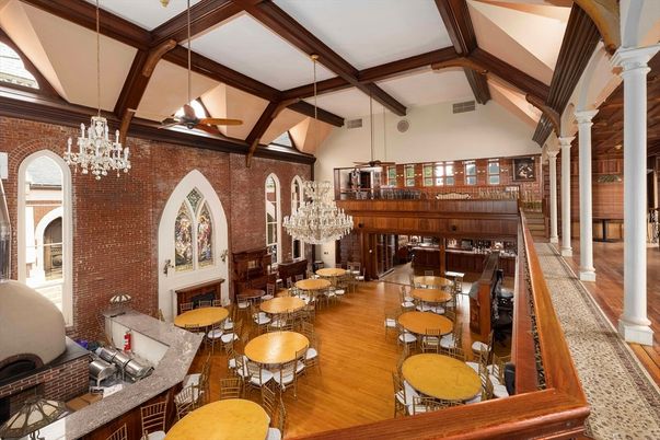 Chandelier, Dining room, Fireplace, Interior, Stone Walls, Wooden Beams, Wood Texture Flooring