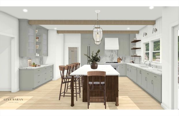 Dining room, Interior, Kitchen, Marble Walls, Pendant Lights, Recessed Lighting, Wood Texture Flooring