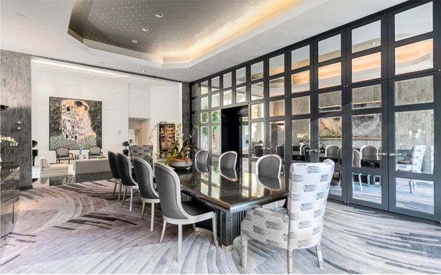 Dining room, Interior, Living room, Recessed Lighting, Wood Texture Flooring