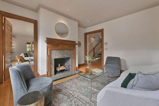 Fireplace, Interior, Living room, Recessed Lighting, Wood Texture Flooring