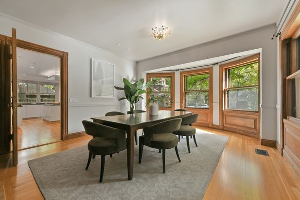 Dining room, Interior, Recessed Lighting, Wood Texture Flooring