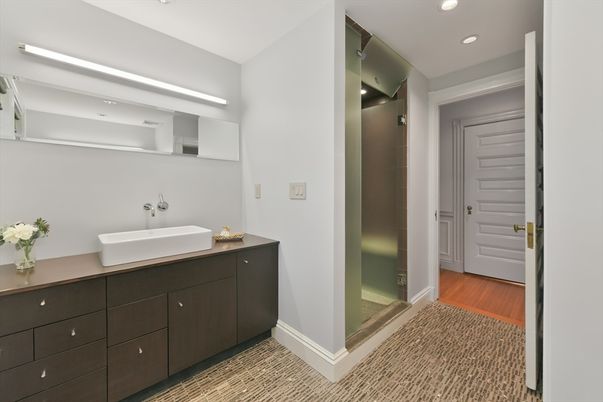 Bathroom, Glass Shower, Interior, Recessed Lighting, Wood Texture Flooring