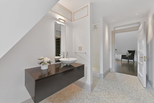 Bathroom, Dual Sink Vanities, Interior, Recessed Lighting, Wood Texture Flooring
