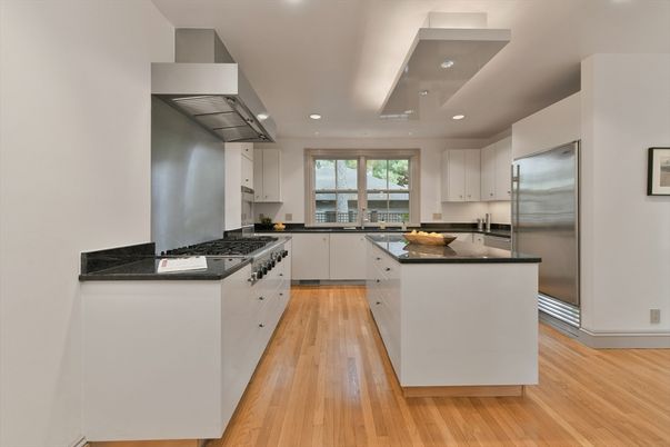 Interior, Kitchen, Recessed Lighting, Stainless Steel Appliances, Wood Texture Flooring