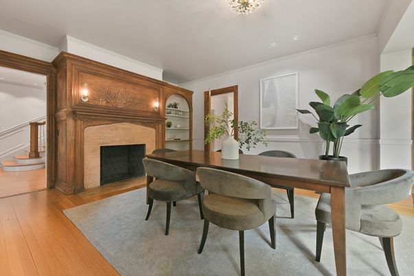 Dining room, Fireplace, Interior, Recessed Lighting, Wood Texture Flooring