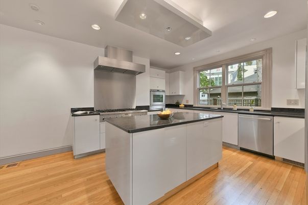 Interior, Kitchen, Recessed Lighting, Stainless Steel Appliances, Wood Texture Flooring