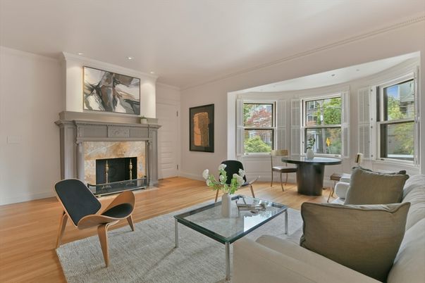 Dining room, Fireplace, Interior, Living room, Recessed Lighting, Wood Texture Flooring