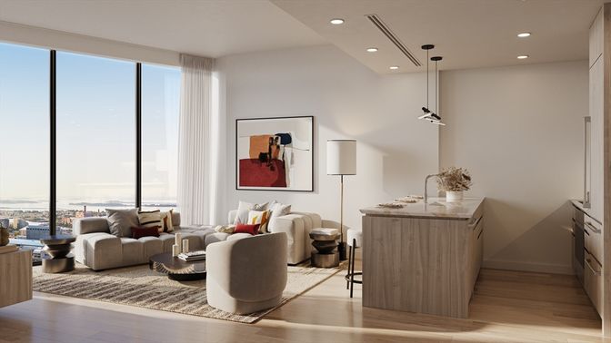 Interior, Living room, Pendant Lights, Recessed Lighting, Wood Texture Flooring
