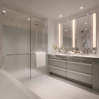 Bathroom, Dual Sink Vanities, Glass Shower, Interior, Marble, Marble Walls, Recessed Lighting