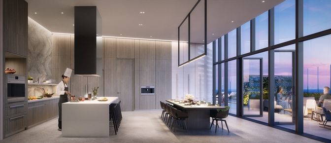 Dining room, Interior, Kitchen, Pendant Lights, Recessed Lighting, Stainless Steel Appliances, Water