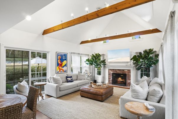 Fireplace, Interior, Living room, Recessed Lighting, Wooden Beams, Wood Texture Flooring