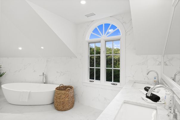 Bathroom, Dual Sink Vanities, Free Standing Baths, Interior, Marble, Marble Walls, Recessed Lighting
