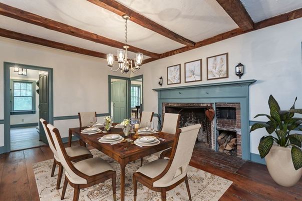 Chandelier, Dining room, Fireplace, Interior, Wooden Beams, Wood Texture Flooring