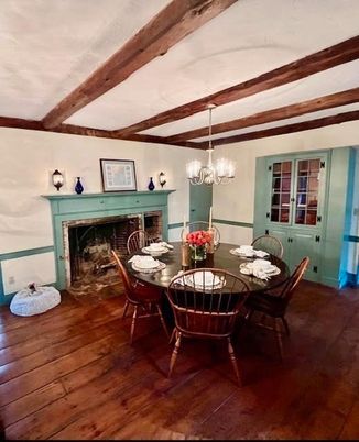 Chandelier, Dining room, Fireplace, Interior, Wooden Beams, Wood Texture Flooring