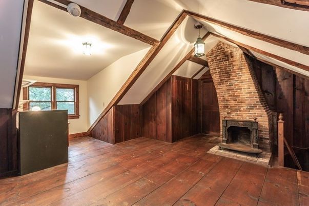 Empty room, Fireplace, Interior, Wooden Beams, Wood Texture Flooring