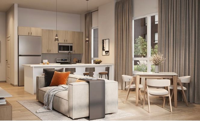 Dining room, Interior, Kitchen, Living room, Pendant Lights, Stainless Steel Appliances, Wood Texture Flooring