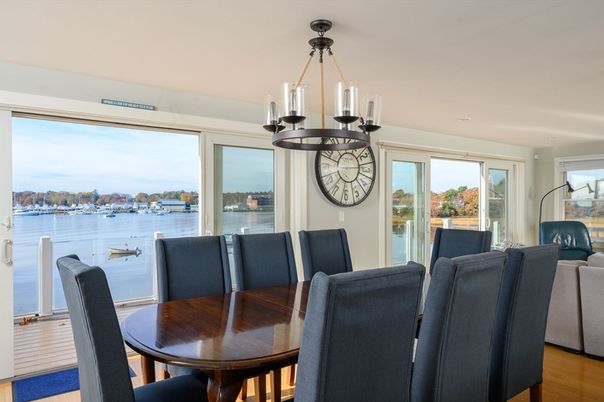 Dining room, Interior, Pendant Lights, Water, Wood Texture Flooring