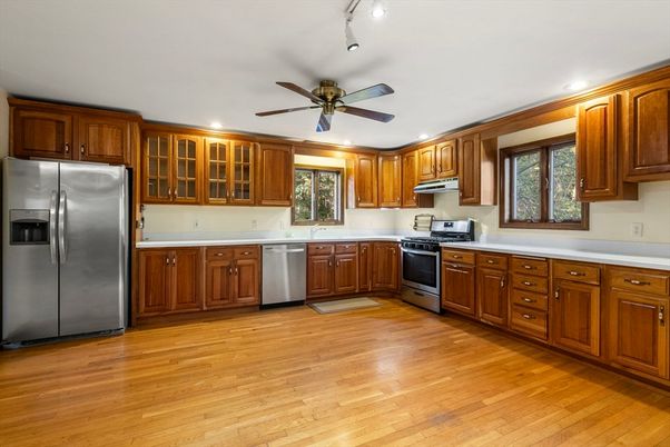 Interior, Kitchen, Recessed Lighting, Stainless Steel Appliances, Wood Texture Flooring