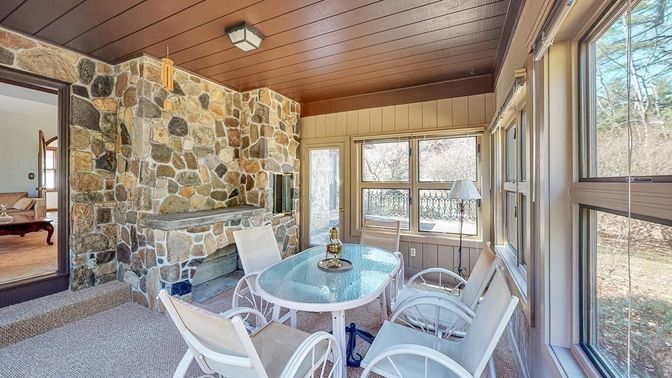 Dining room, Fireplace, Interior, Stone Walls, Wooden Ceilings
