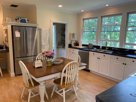 Dining room, Interior, Kitchen, Recessed Lighting, Stainless Steel Appliances, Wood Texture Flooring