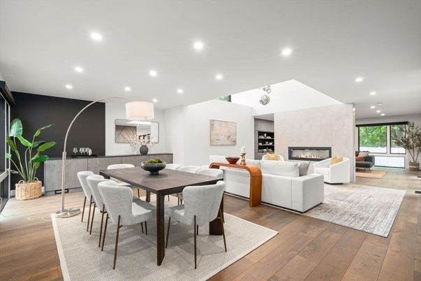 Dining room, Fireplace, Interior, Living room, Recessed Lighting, Wood Texture Flooring