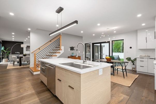 Dining room, Interior, Kitchen, Pendant Lights, Recessed Lighting, Stainless Steel Appliances, Wood Texture Flooring