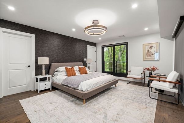 Bedroom, Interior, Pendant Lights, Recessed Lighting, Wood Texture Flooring