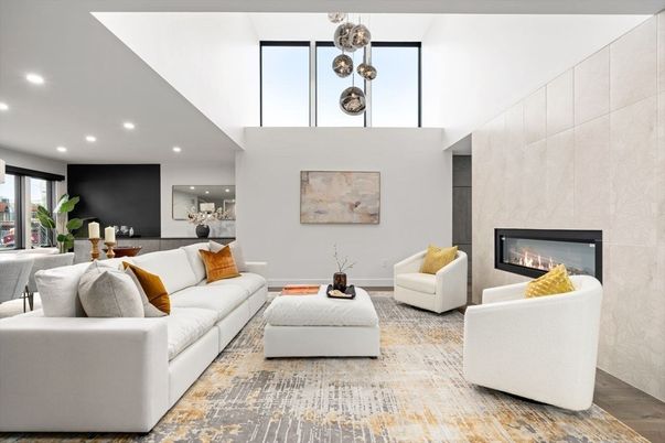 Fireplace, Interior, Living room, Pendant Lights, Recessed Lighting, Wood Texture Flooring