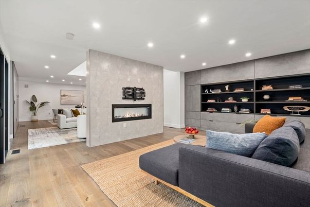 Fireplace, Interior, Living room, Recessed Lighting, Wood Texture Flooring
