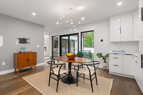 Dining room, Interior, Recessed Lighting, Wood Texture Flooring