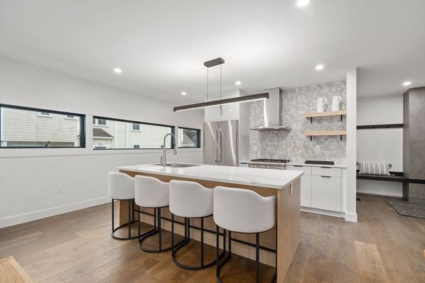 Interior, Kitchen, Pendant Lights, Recessed Lighting, Stainless Steel Appliances, Wood Texture Flooring
