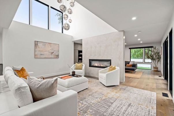 Fireplace, Interior, Living room, Pendant Lights, Recessed Lighting, Wood Texture Flooring