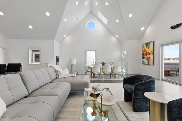 Dining room, Fireplace, Interior, Living room, Recessed Lighting, Wood Texture Flooring